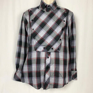 Vintage Sheplers Bib Front Western Shirt Mens Medium Plaid Gray Black Frontier